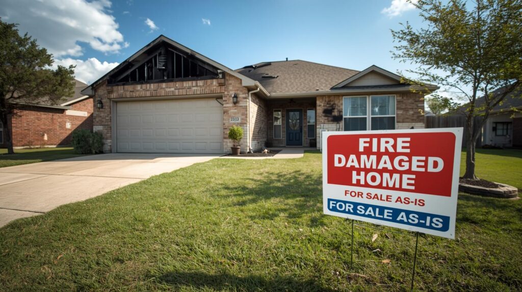 Fire-damaged home in Grayson County Texas with for-sale-as-is sign